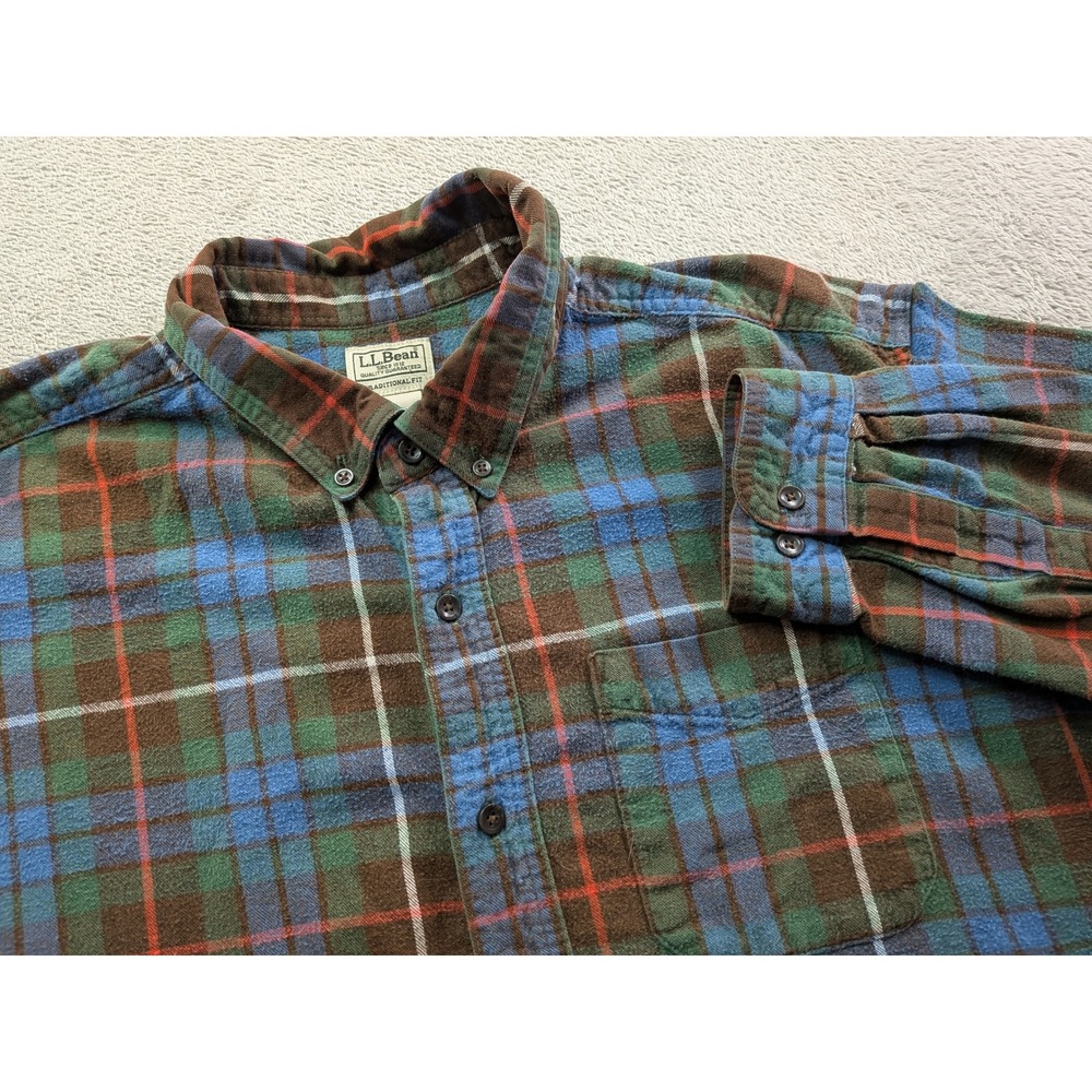 LL Bean Mens XXL Flannel Shirt Blue Green Plaid Traditional Fit Cotton 228061